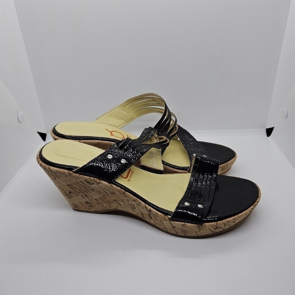 You by Crocs cork wedge slide sandals black patent leather US 8.5 EU 39